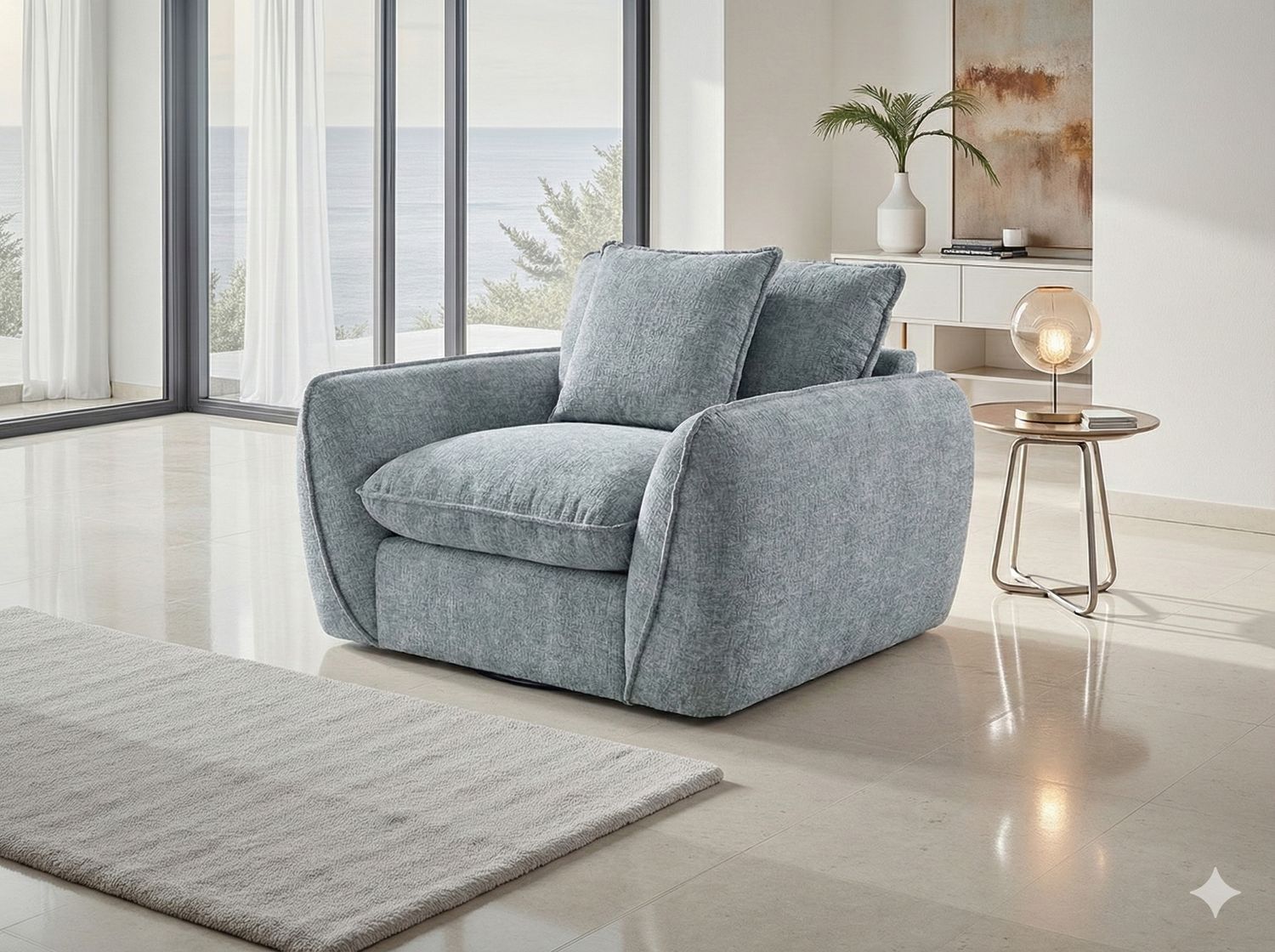 Grey Textured Fabric Armchair with Piping Detail